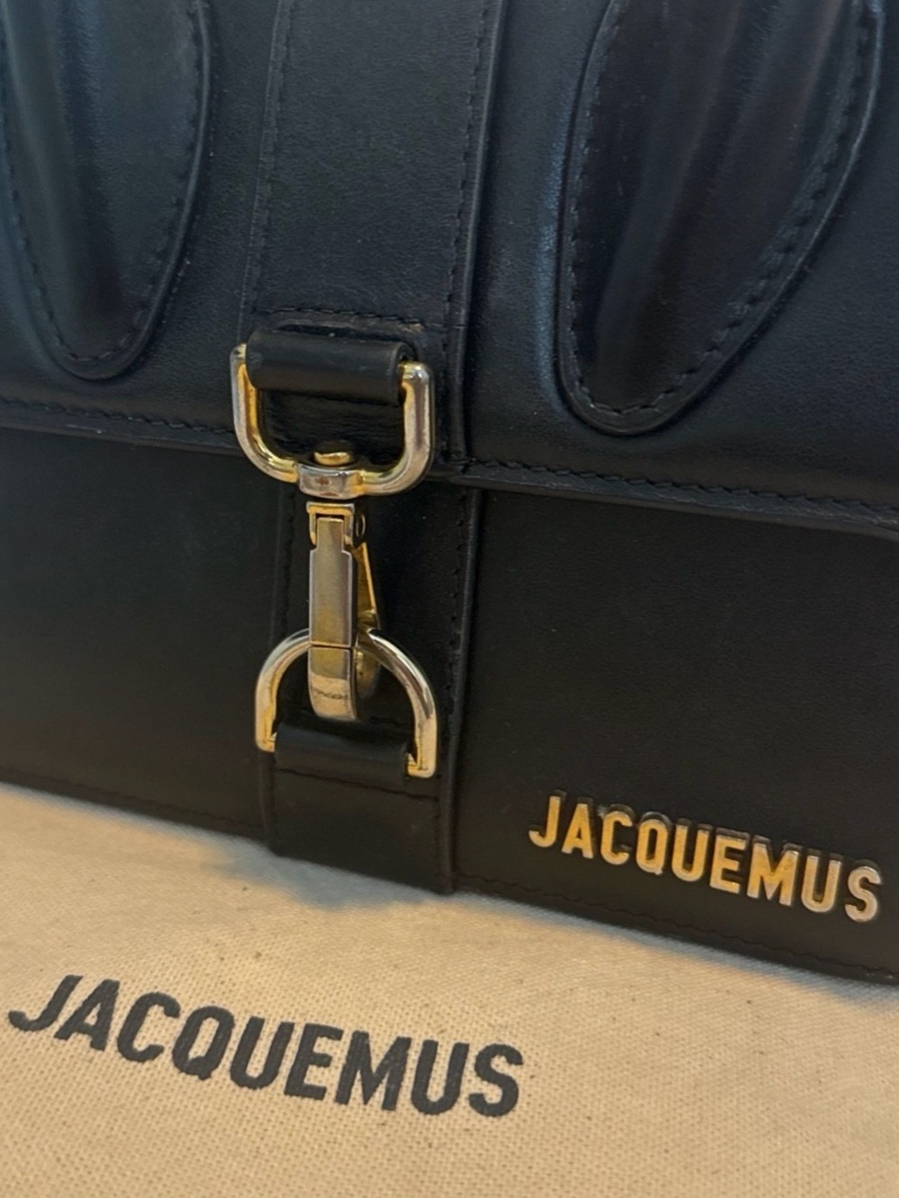 Jacquemus Black Leather Messenger Bag with Gold Hardware